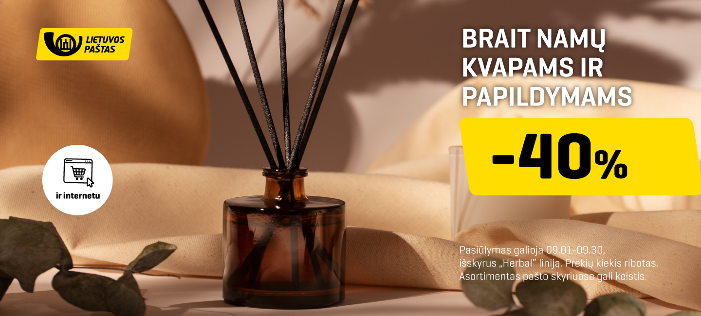 BRAIT namų kvapams ir papildymams -40%. Pasiūlymas galioja nuo rugsėjo 1 d. iki rugsėjo 30 d. Pasiūlymas negalioja HERBAL linijai. Asortimentas pašto skyriuose gali skirtis. Prekių kiekis ribotas.