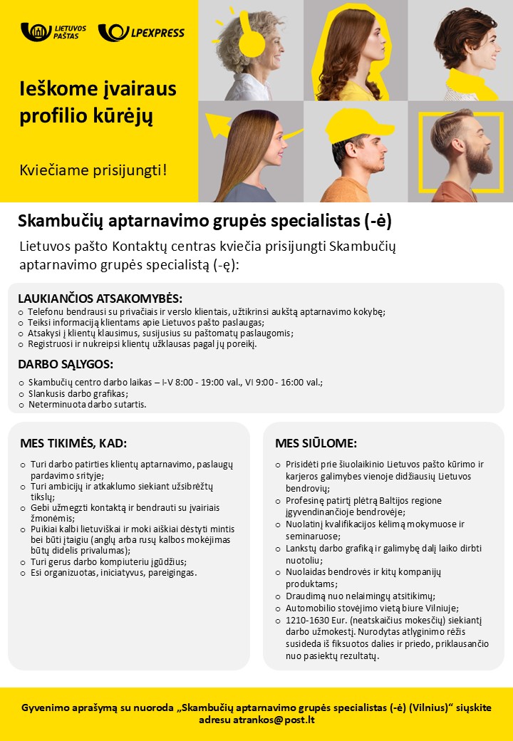 Skambučių aptarnavimo grupės Specialistas Dieninis grafikas Vilnius